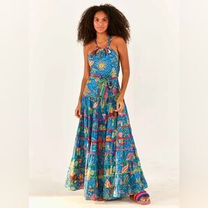 NWT FARM RIO Ocean Stories Maxi Dress size Medium M halter tiered mermaid blue